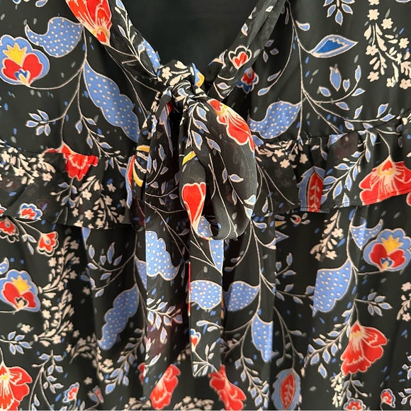 Romantic Floral Tie Neck Dress Black Sheer Sleeve Ruffle Boho - Size 14 - Picture 3 of 13